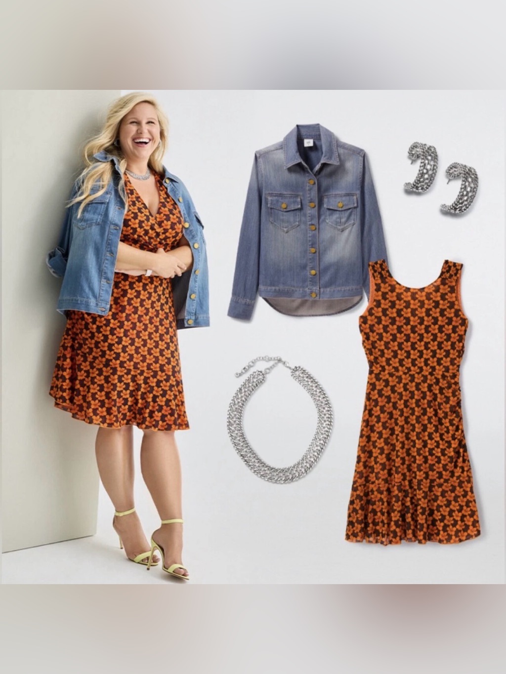 Cabi Flip Dress #6370 Xl? 4 Way Reversible Orange & Navy Floral Dots Midi Dress